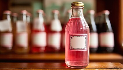 Pink drink bottle, vintage style, on wooden shelf