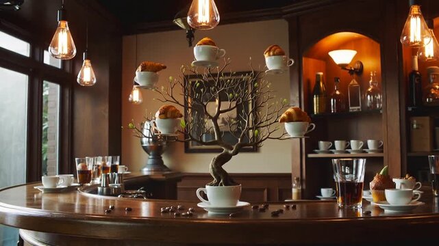 Surreal coffee tree growing from white ceramic cup in cozy cafe. Zoom out and panning shot.