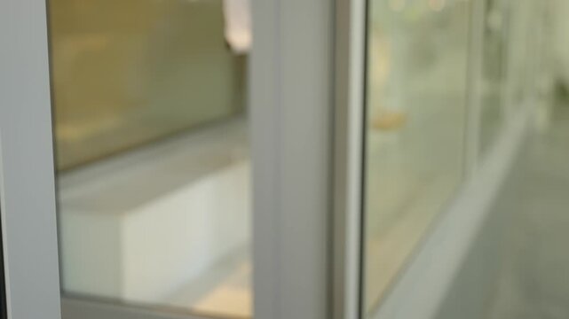 Close-up of a hand gripping a stainless steel pull handle on a glass door, showing the moment of opening an entrance in a modern commercial building with sleek minimalist details