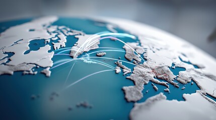 3D rendered globe with glowing connection lines between Europe, Greenland and North America. Global network and telecommunication concept. International data transfer or travel routes