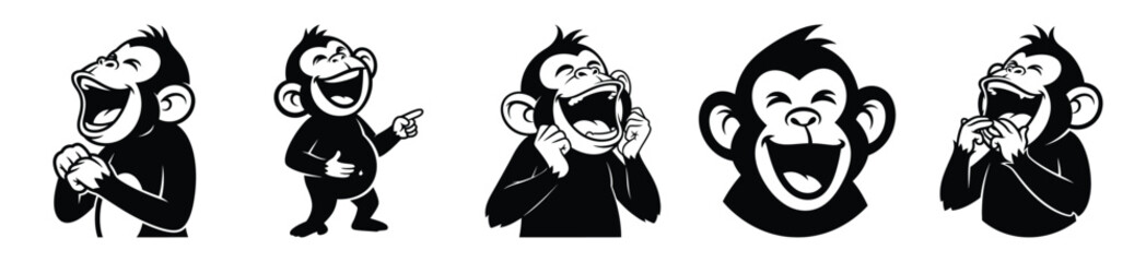 Silhouette of laughing monkey cartoon vector icon set. Funny silhouette design vector stock illustration © Pallobroy