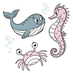 Fototapeta premium Whale, seahorse, and crab underwater