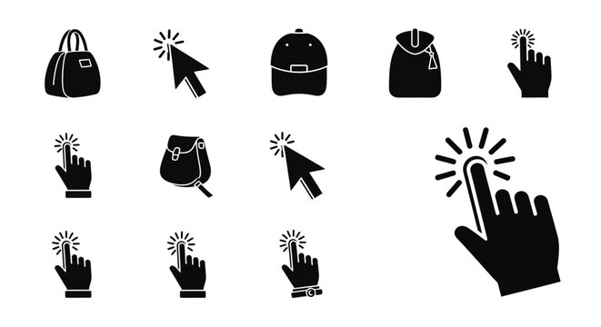 Black silhouette icons depicting fashion accessories and clickable hand cursors