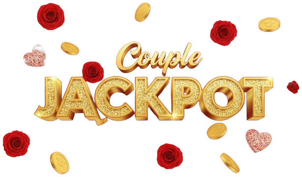 Valentine Couple Jackpot text with gold lettering and jackpot casino elements for gambling theme
