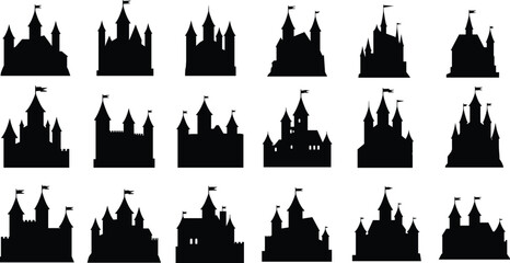Obraz premium Medieval Castle Silhouettes Vector Set – Fairytale Fortresses, Fantasy Palaces, and Gothic Towers for Storybook or Game Design