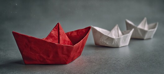 Red origami boat leading two white origami boats