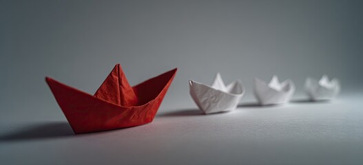 A single red origami boat stands out among a line of white origami boats