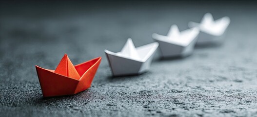 Single origami boat stands out from a line of similar craft boats