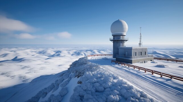 Radar station on a snowy mountain peak. Remote weather observatory with white radome and communication antenna in a winter landscape