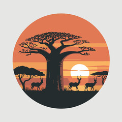 Savanna Scene with Sunset