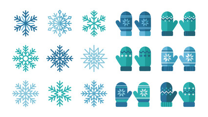 Winter icon set vector. Snowflake and mitten collection. Flat design symbols. Cold weather season. Christmas holiday decoration. Blue frost crystals. Warm gloves. Snowfall graphic.