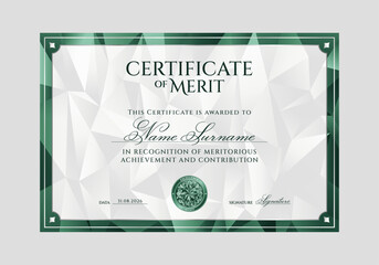 Certificate of merit in green with diamond badge and elegant geometric layout
