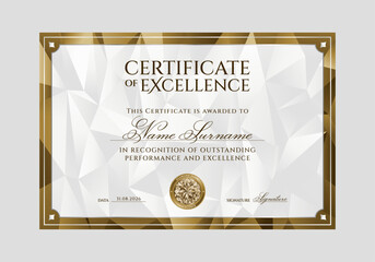Certificate of excellence in gold with diamond seal and geometric frame