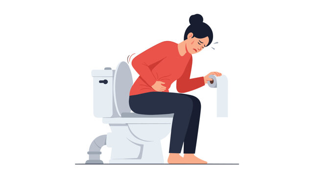 Distressed woman sitting on a toilet, clutching her stomach in obvious pain and discomfort, symbolizing digestive issues, constipation, or illness.