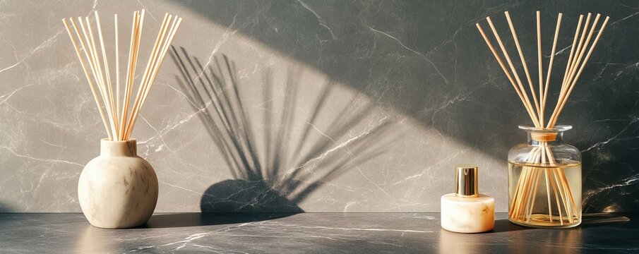 Elegant reed diffusers on marble with dramatic shadows, conveying serenity and scent, Home Decor, Aromatherapy