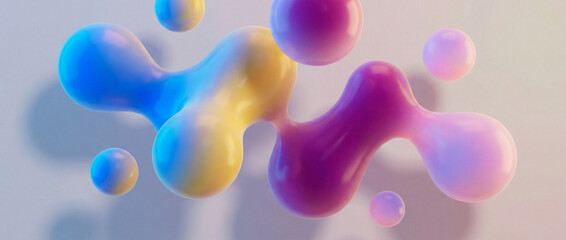 Vibrant abstract 3D render of glossy liquid blobs in blue, yellow, purple, and pink, creating a dynamic and fluid composition with soft shadows.