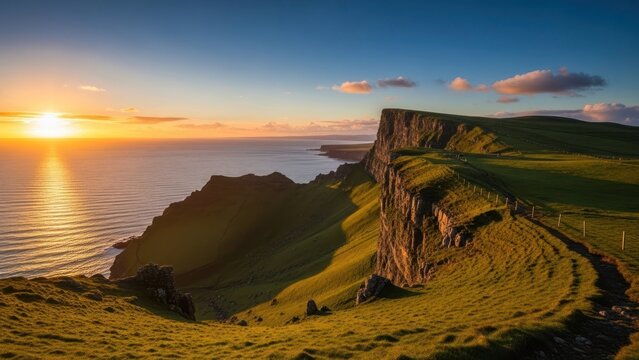 Dramatic sunset over coastal cliffs and ocean waters