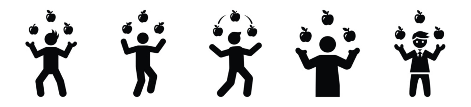 Silhouette of silly juggling apples vector icon set. Funny silhouette design vector stock illustration