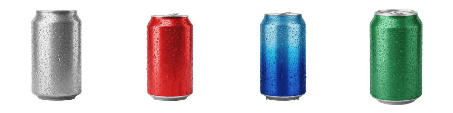 Realistic Aluminum Soda Can Mockup Set Isolated on White Background Blank Silver Red Blue and Green Beverage Tin Can Collection with Condensation Droplets PNG Transparent
