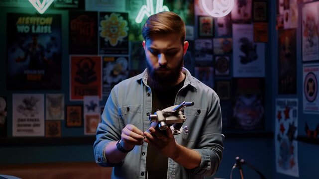 Bearded man inventor intently assembling a complex electronic gadget in a neon lit home workshop, adjusting tiny components with precision amid posters and tools