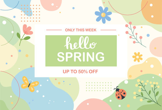 Cute Hello Spring banner with lettering and abstract shapes. Hand drawn vector illustration. Spring Sale Flyer.