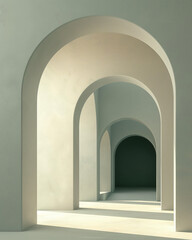 Abstract architectural arches in soft green tones, modern calm interior space