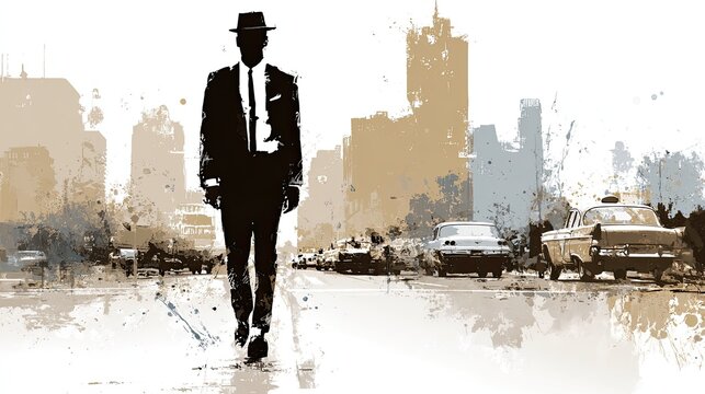 Stylized silhouette of a man in formal attire walks down a city street with vintage automobiles.