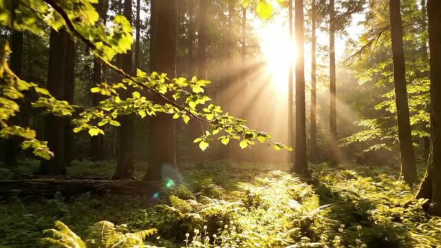 Serene forest landscape with sunlight filtering through trees and illuminating the lush green undergrowth on a peaceful day in nature