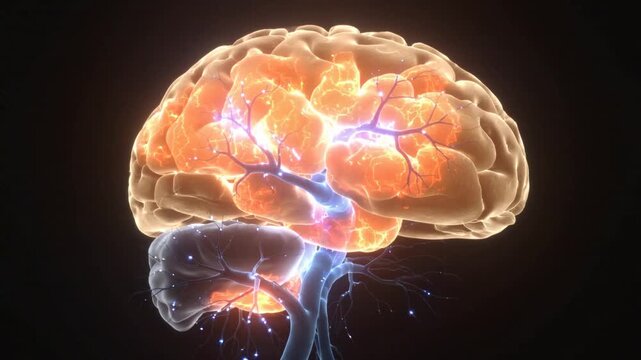 Digital visualization of synaptic firing within human brain. Glowing neural pathways illuminating anatomical structure.