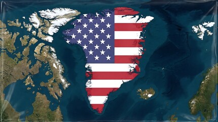 Greenland Flag Overlay USA Map: American Satellite View of Arctic Territory with World Map Background