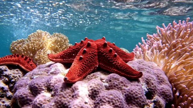 Vibrant orange starfish rests upon colorful coral substrate beneath the shimmering sunlit surface of the tropical ocean water
