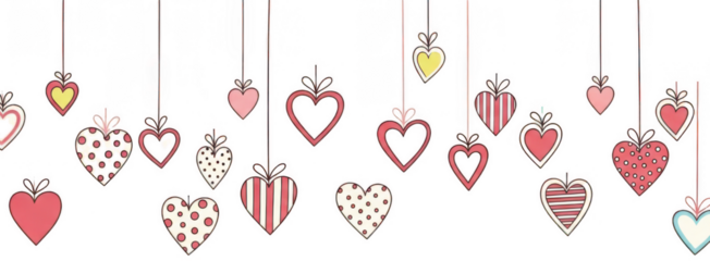 Valentine Seamless hanging border of valentine day hearts in various patterns and colors