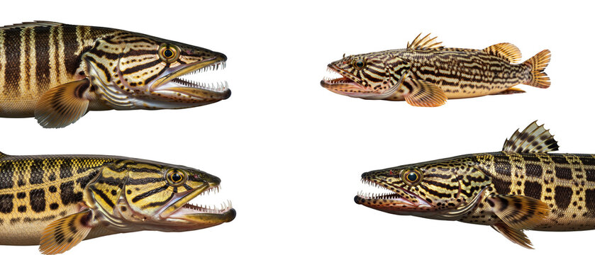 A collection of predatory wolf fish Hoplias malabaricus isolated on a clean white background.