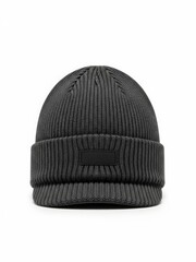 Dark gray knitted beanie with black tag