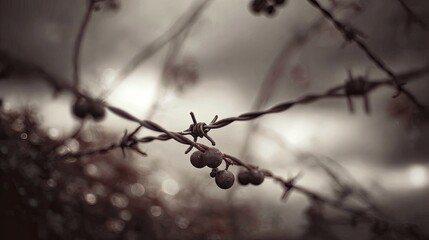 Close up view of weathered metal wire featuring sharp points against a muted sky background