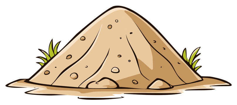 Simple cartoon drawing of a mound of earth or sand with small rocks and grass