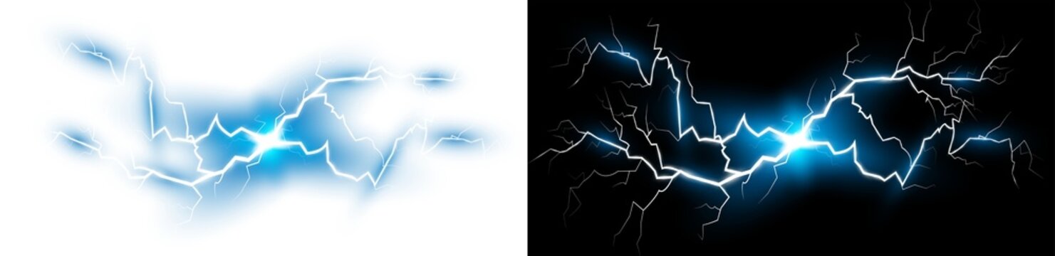 Bright Blue Electric Lightning Energy Bursting bright blue lightning bolts on a transparent and black PNG background. Intense bright blue electrical energy discharge with visible lightning Glowing