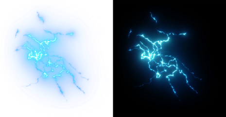 Bright Blue Electric Lightning Energy Bursting bright blue lightning bolts on a transparent and black PNG background. Intense bright blue electrical energy discharge with visible lightning Glowing