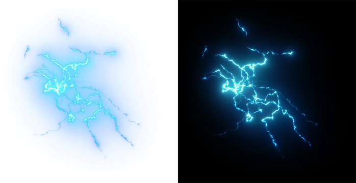 Bright Blue Electric Lightning Energy Bursting bright blue lightning bolts on a transparent and black PNG background. Intense bright blue electrical energy discharge with visible lightning Glowing