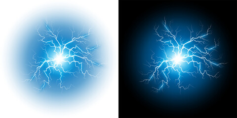 Bright Blue Electric Lightning Energy Bursting bright blue lightning bolts on a transparent and black PNG background. Intense bright blue electrical energy discharge with visible lightning Glowing © Pngs Mart
