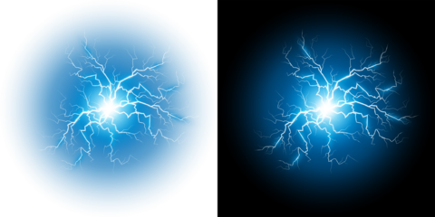 Bright Blue Electric Lightning Energy Bursting bright blue lightning bolts on a transparent and black PNG background. Intense bright blue electrical energy discharge with visible lightning Glowing