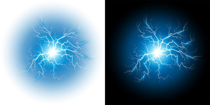 Bright Blue Electric Lightning Energy Bursting bright blue lightning bolts on a transparent and black PNG background. Intense bright blue electrical energy discharge with visible lightning Glowing