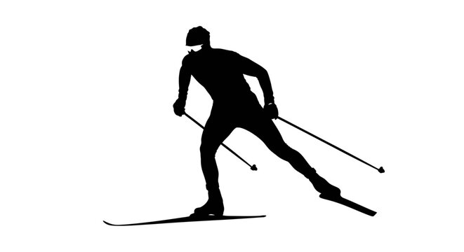 Cross country skier moving forward quickly using poles in gliding motion on snowy terrain for distance race
