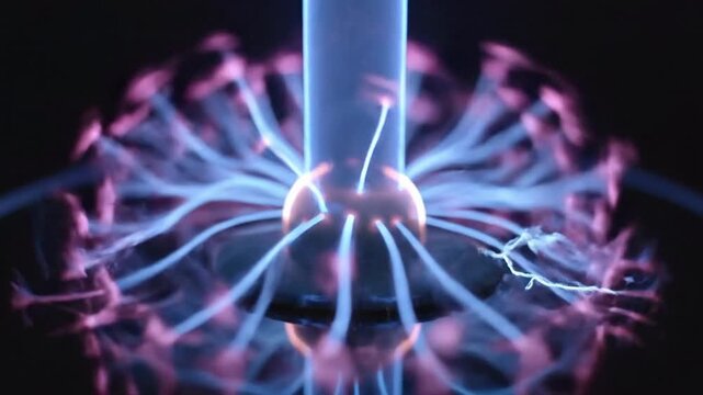 Close-up of a glowing plasma globe with electric tendrils