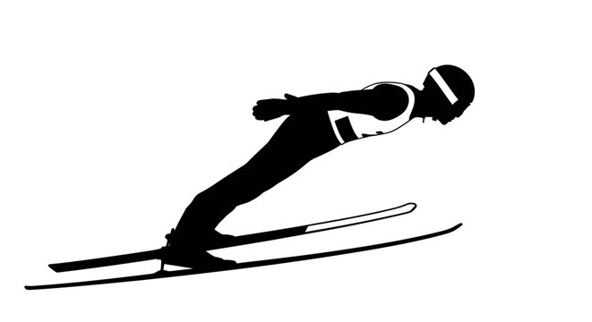 Silhouette of ski jumper in aerodynamic position flying off large ramp during competitive winter sports event or extreme downhill activity
