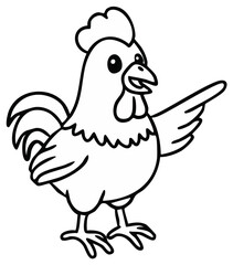 Obraz premium Happy cartoon rooster pointing its wing cute farm animal outline drawing
