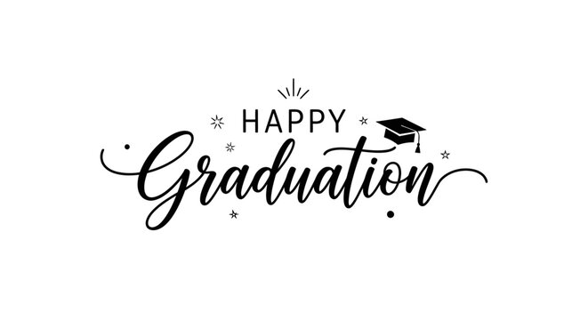 Happy Graduation elegant black script text with a festive graduation cap and subtle star accents, celebratory achievement design on an isolated white background.