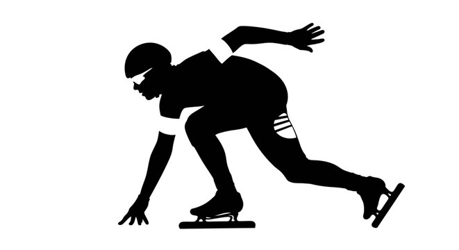 Speed skating black silhouette, isolated on a clean white background. a male athlete in starting position, wearing a helmet and goggles