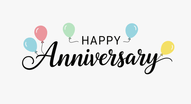 Elegant Happy Anniversary text with black script font and pastel blue, pink, green, yellow balloons on light gray background.