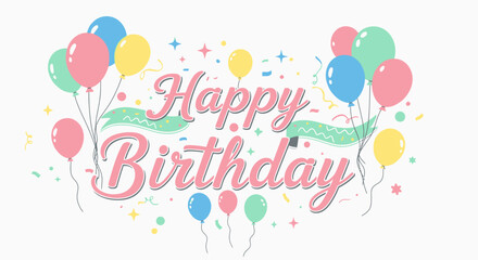 Abundant Happy Birthday Text with Numerous Colorful Balloons and Streamers on Isolated White Background